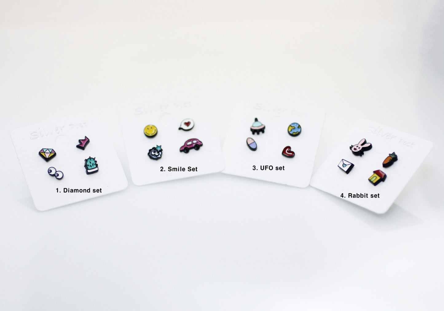 Set of 4 Cute Illustration Earrings, globe, ufo, car, diamond, car, animal, toy Stud earrings