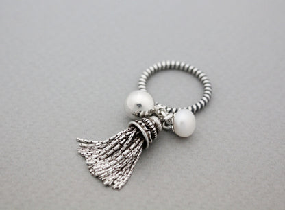 925 Sterling Silver Tassel and Fresh Water Pearl, Silver ball dangle Ring, R0926S