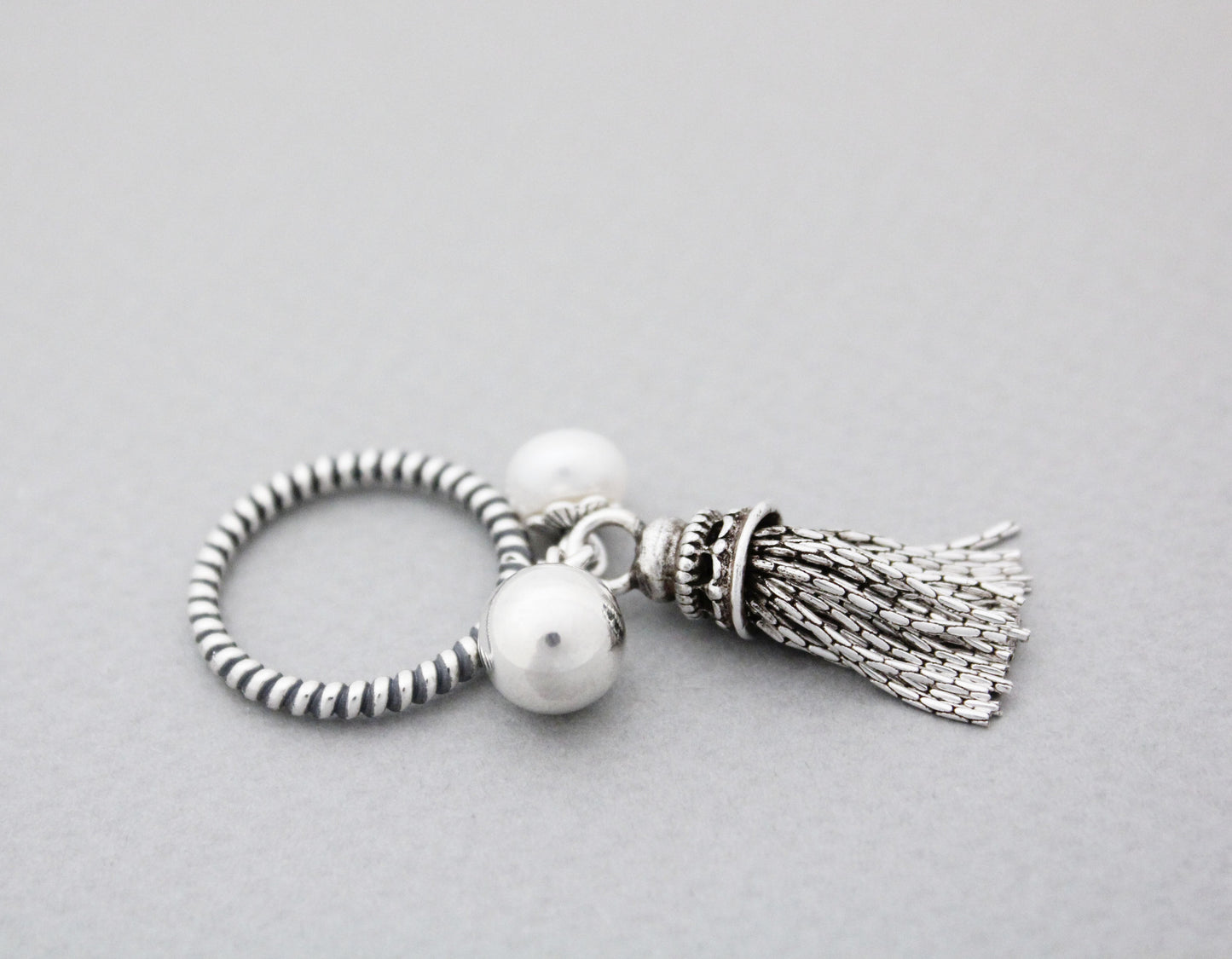 925 Sterling Silver Tassel and Fresh Water Pearl, Silver ball dangle Ring, R0926S