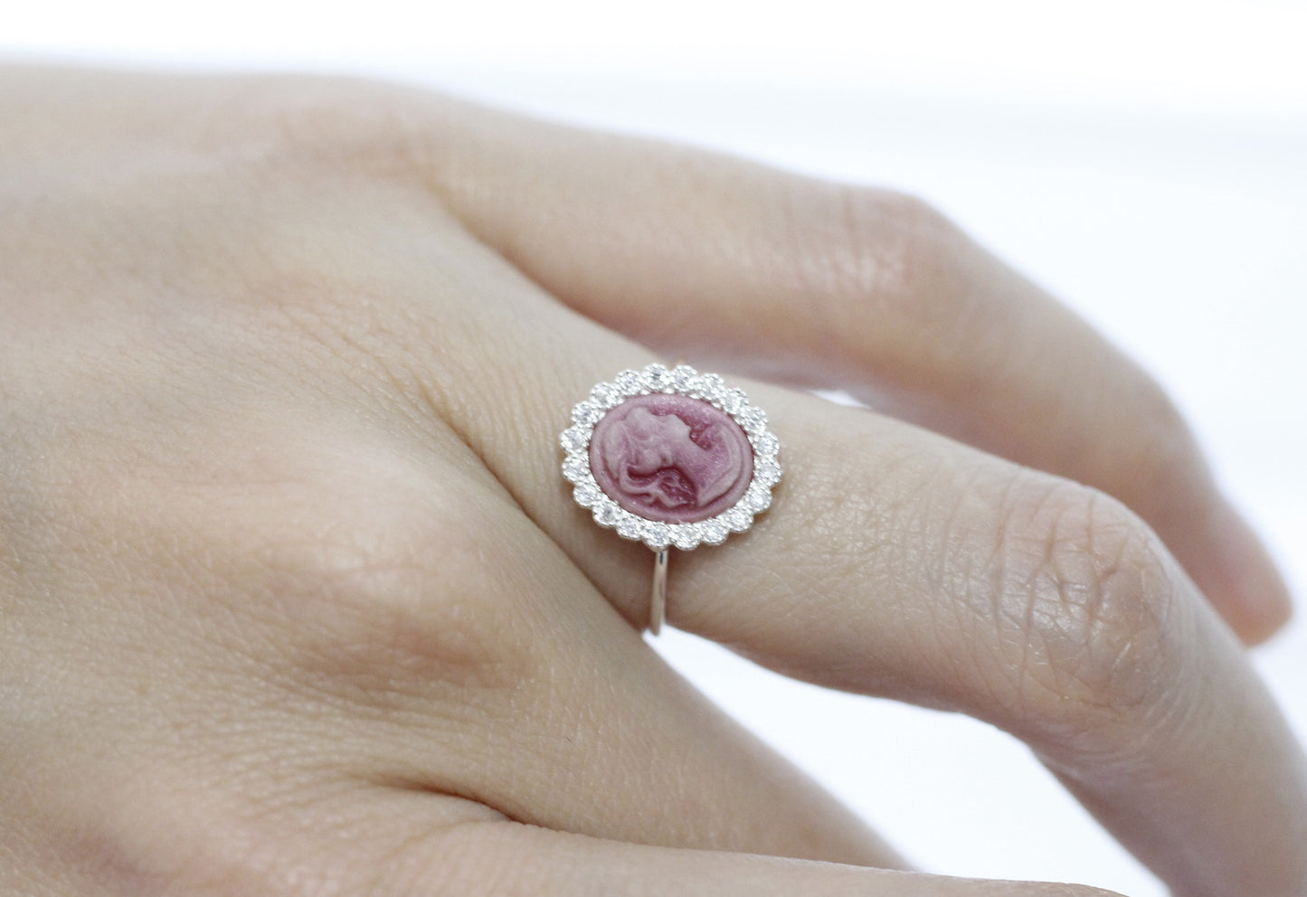 925 sterling silver Classic Cameo Ring detailed with CZ in Pink / Blue