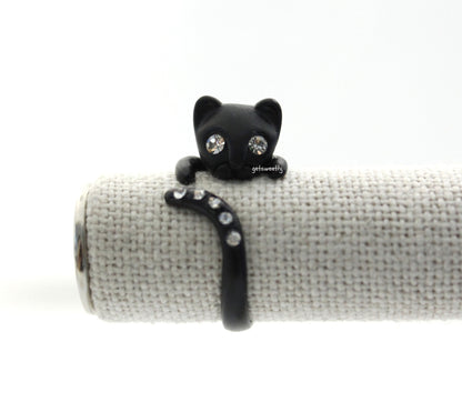 Cute Black Kitty Cat with cubic tail Adjustable Wrap Ring, R0286S