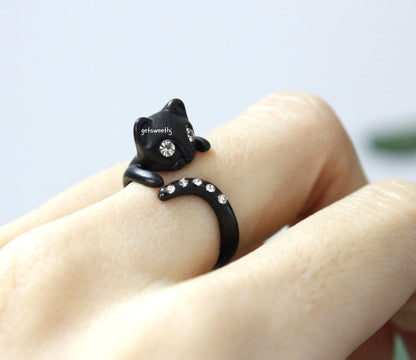 Cute Black Kitty Cat with cubic tail Adjustable Wrap Ring, R0286S