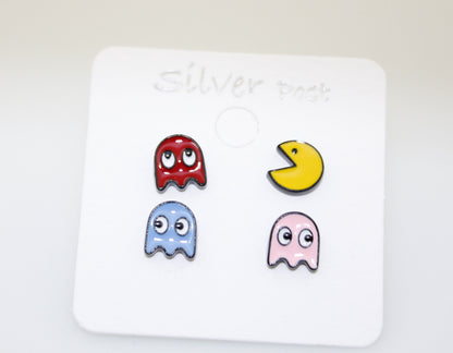 Set of  4 Vintage Game character Pac Man Stud earrings, Pac Man and Ghost Earrings