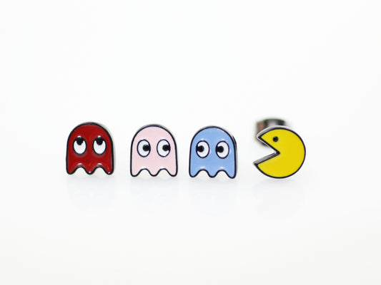 Set of  4 Vintage Game character Pac Man Stud earrings, Pac Man and Ghost Earrings