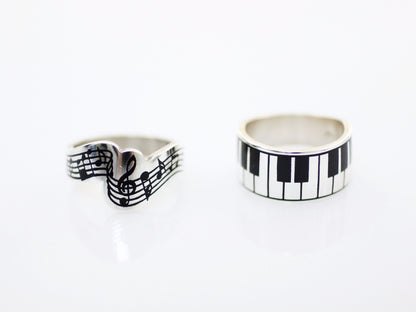 925 Sterling Silver Piano Keyboard Statement Ring, Music Score Ring, Treble Clef Ring