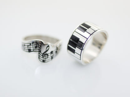 925 Sterling Silver Piano Keyboard Statement Ring, Music Score Ring, Treble Clef Ring