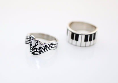 925 Sterling Silver Piano Keyboard Statement Ring, Music Score Ring, Treble Clef Ring