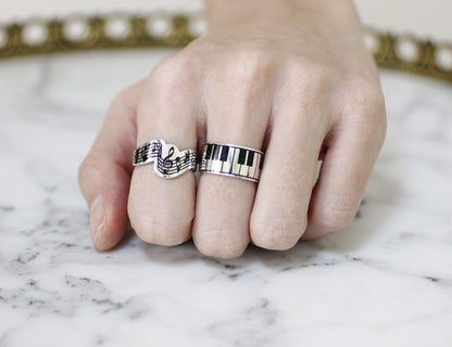 925 Sterling Silver Piano Keyboard Statement Ring, Music Score Ring, Treble Clef Ring