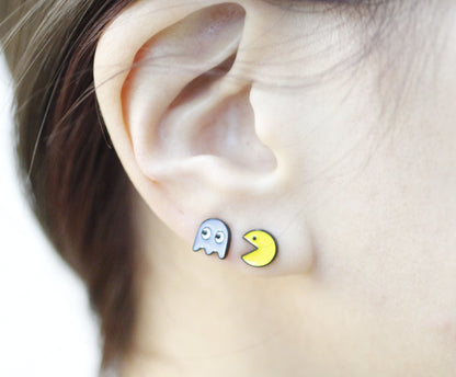 Set of  4 Vintage Game character Pac Man Stud earrings, Pac Man and Ghost Earrings