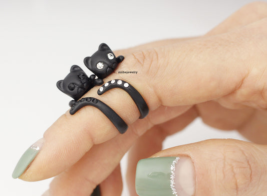 Cute Black Kitty Cat with cubic tail Adjustable Wrap Ring, R0286S