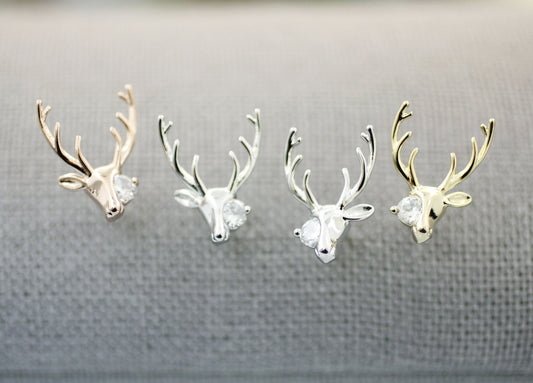 Antler, Elk Deer ,Deer head, Stag ,Reindeer with Cubic Stud earrings in 3 colors