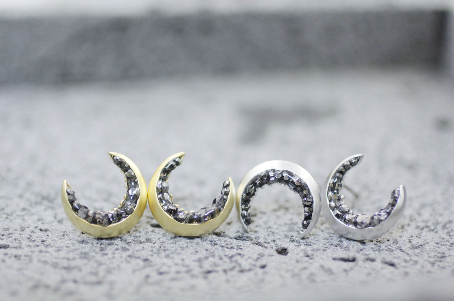 Crescent moon stud Earrings detailed with Black Diamond Crystals, Crescent moon Earrings