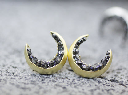 Crescent moon stud Earrings detailed with Black Diamond Crystals, Crescent moon Earrings