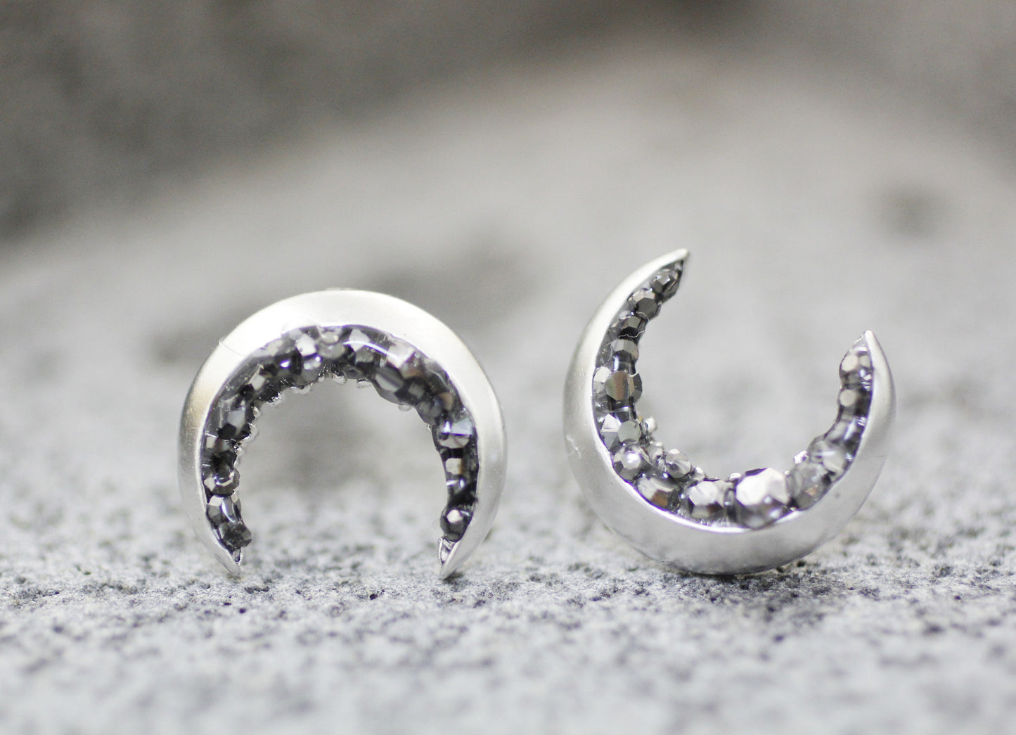 Crescent moon stud Earrings detailed with Black Diamond Crystals, Crescent moon Earrings