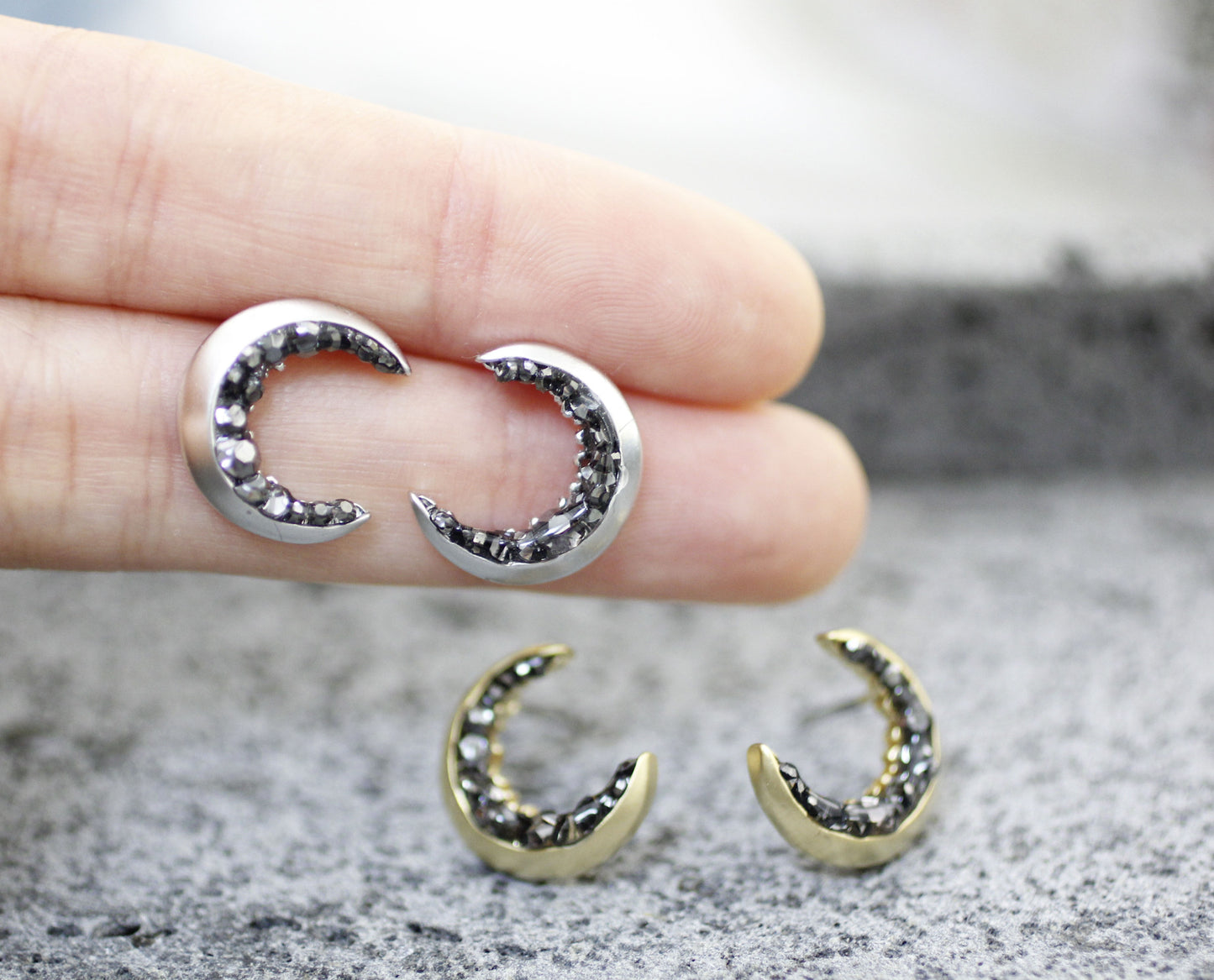 Crescent moon stud Earrings detailed with Black Diamond Crystals, Crescent moon Earrings