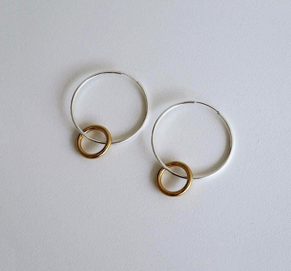 925 sterling silver Two Tone Linked Circles Earrings, Double Circle hoop earrings,Large Hoop Earrings