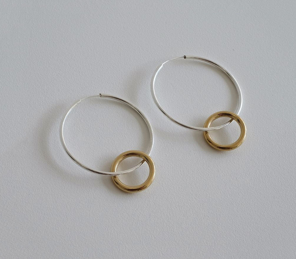 925 sterling silver Two Tone Linked Circles Earrings, Double Circle hoop earrings,Large Hoop Earrings