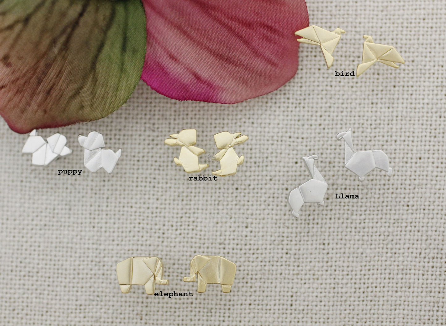 Cute Origami Animals Stud Earrings (Puppy, Rabbit, Bird, Elephant, Llama)