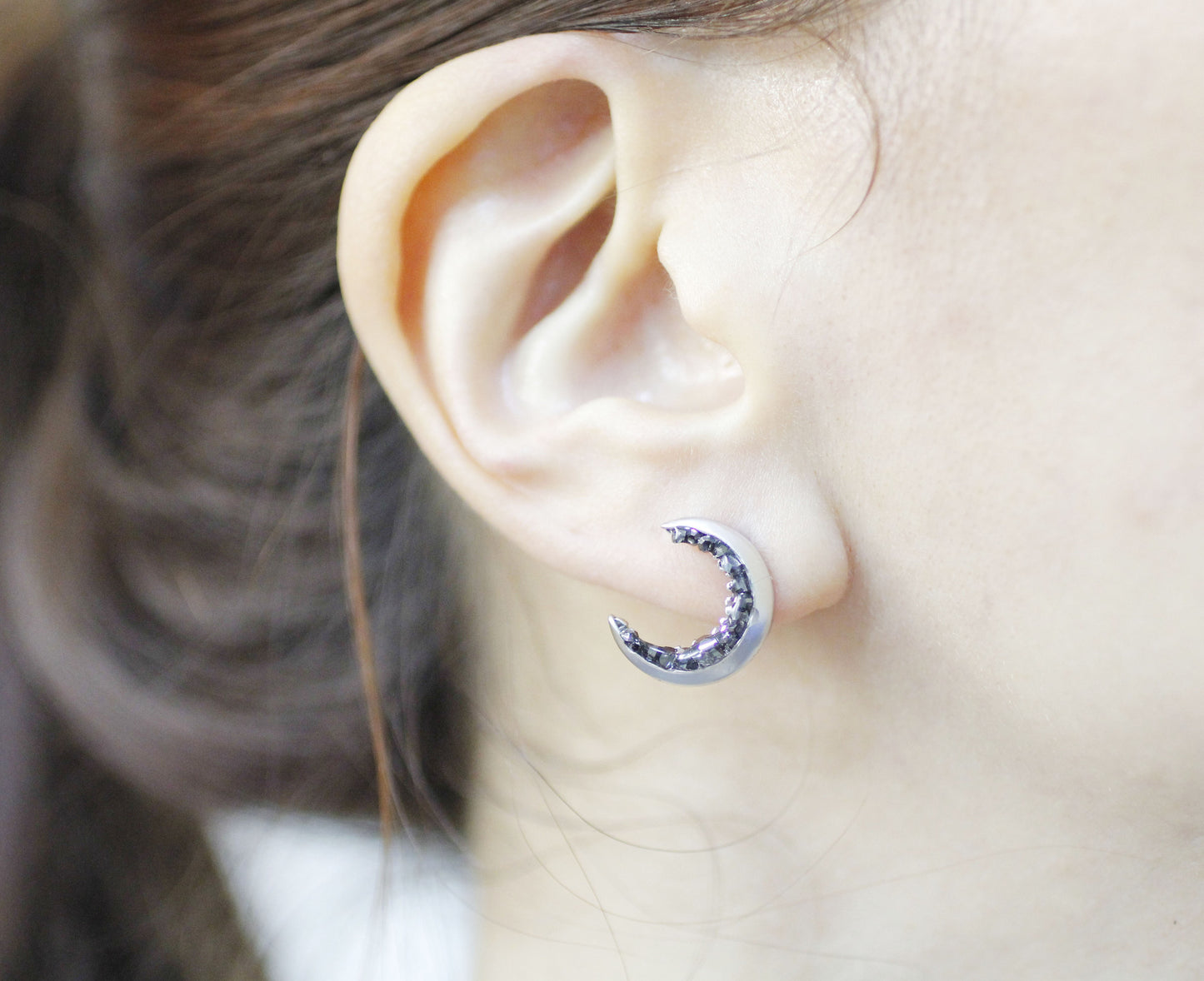 Crescent moon stud Earrings detailed with Black Diamond Crystals, Crescent moon Earrings