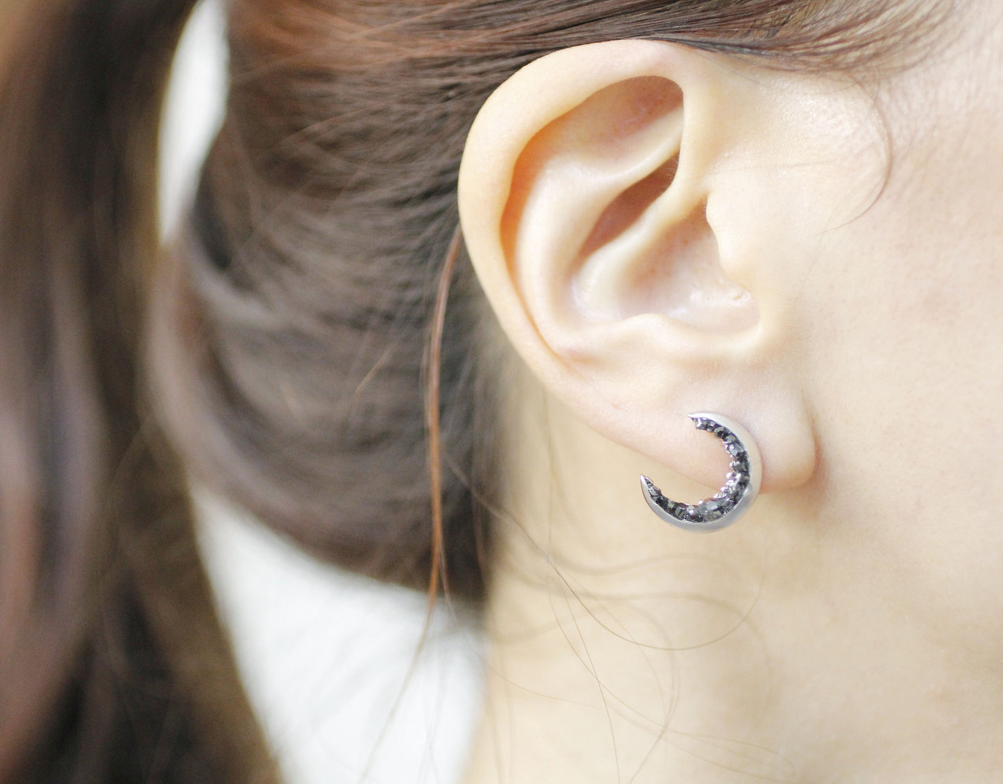 Crescent moon stud Earrings detailed with Black Diamond Crystals, Crescent moon Earrings