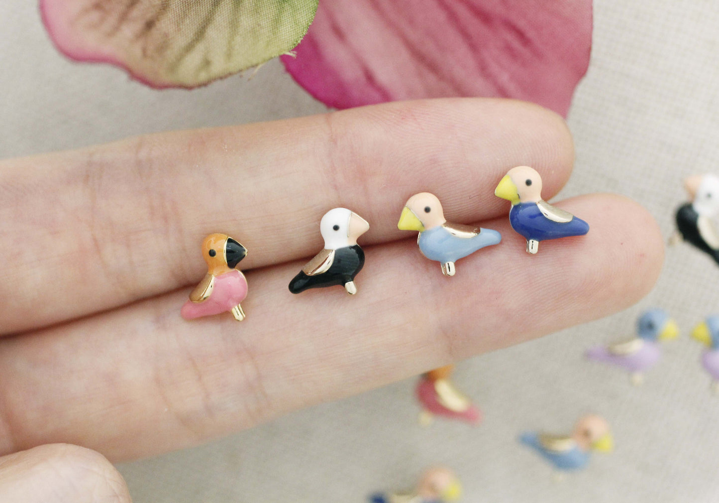 Tiny Tweet Bird enamel Stud earrings, lark earrings ,skylark earrings