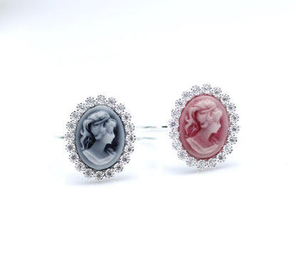 925 sterling silver Classic Cameo Ring detailed with CZ in Pink / Blue