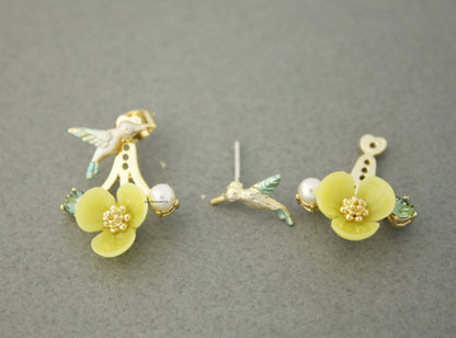 Front and Back Humming Bird and Flower Ear jacket,Wrap around dangle cuff earrings,E0585S