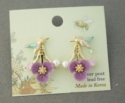 Front and Back Humming Bird and Flower Ear jacket,Wrap around dangle cuff earrings,E0585S