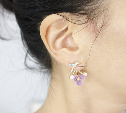 Front and Back Humming Bird and Flower Ear jacket,Wrap around dangle cuff earrings,E0585S