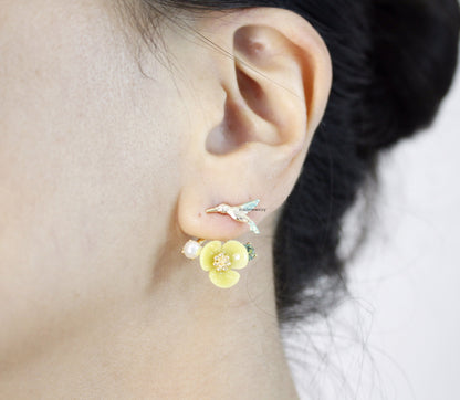 Front and Back Humming Bird and Flower Ear jacket,Wrap around dangle cuff earrings,E0585S