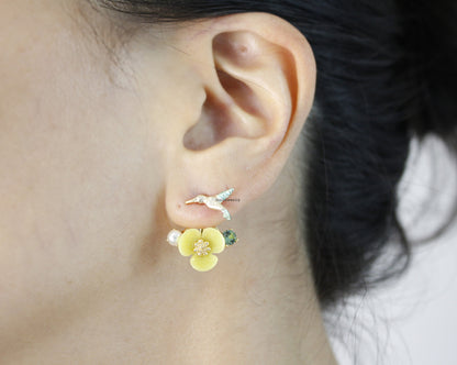 Front and Back Humming Bird and Flower Ear jacket,Wrap around dangle cuff earrings,E0585S