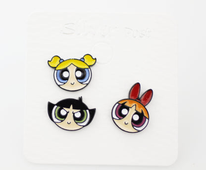 Set of 3 Powerpuff Girls Unbalance Earrings, Blossom, Bubbles,Buttercup earrings