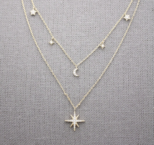 Moon and Stars layers necklace detailed with cubic zirconia in gold / silver