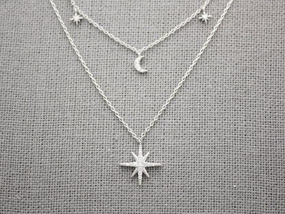 Moon and Stars layers necklace detailed with cubic zirconia in gold / silver