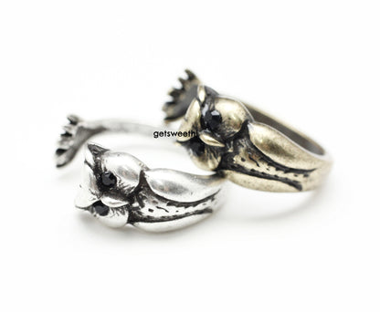 Cute owl Wrap Ring in burnished brass antique silver