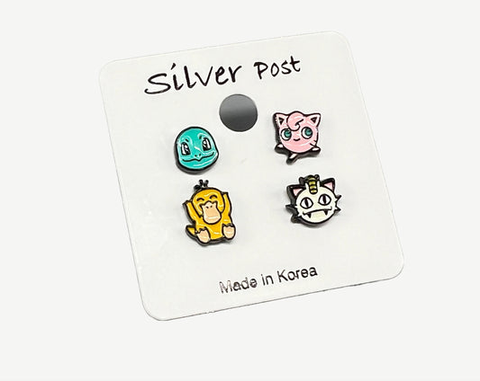 Pokemon Earrings character Stud earrings set of 4, Psyduck, Squirtle, Jigglypuff, Meowth