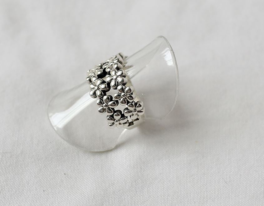 925 sterling silver Double lines Flower Ring, daisy flowers statement ring