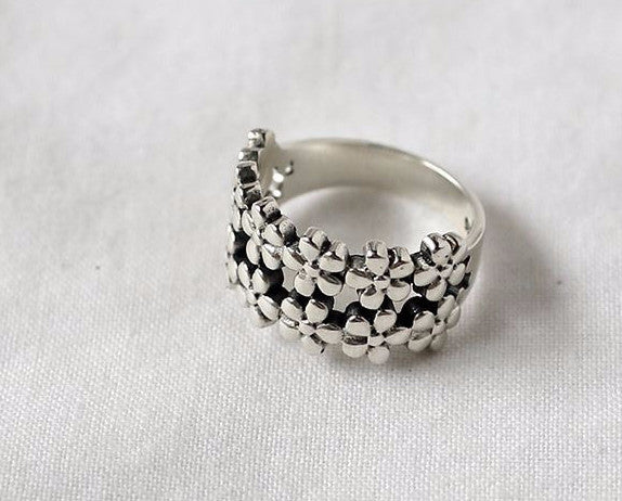 925 sterling silver Double lines Flower Ring, daisy flowers statement ring