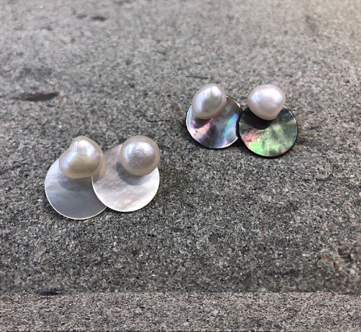 925 Sterling Silver Fresh water pearl and mother of pearl two way earrings, disc mother of pearl earrings