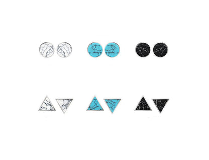 925 Sterling Silver Circle and Triangle Gemstone Stud earrings, Marble Earrings, Triangle Earrings (Turquoie,Howlite)