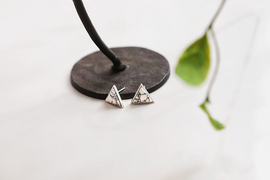 925 Sterling Silver Circle and Triangle Gemstone Stud earrings, Marble Earrings, Triangle Earrings (Turquoie,Howlite)