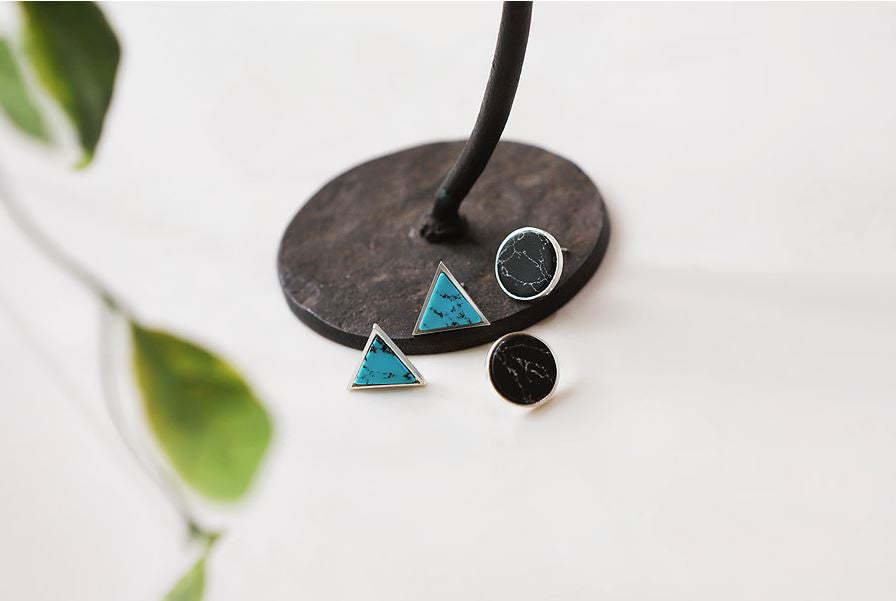 925 Sterling Silver Circle and Triangle Gemstone Stud earrings, Marble Earrings, Triangle Earrings (Turquoie,Howlite)