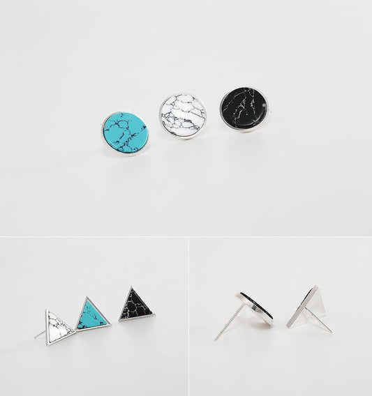 925 Sterling Silver Circle and Triangle Gemstone Stud earrings, Marble Earrings, Triangle Earrings (Turquoie,Howlite)