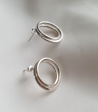 925 sterling silver Luck karma Double Circles stud Earrings, Open Circle Earrings