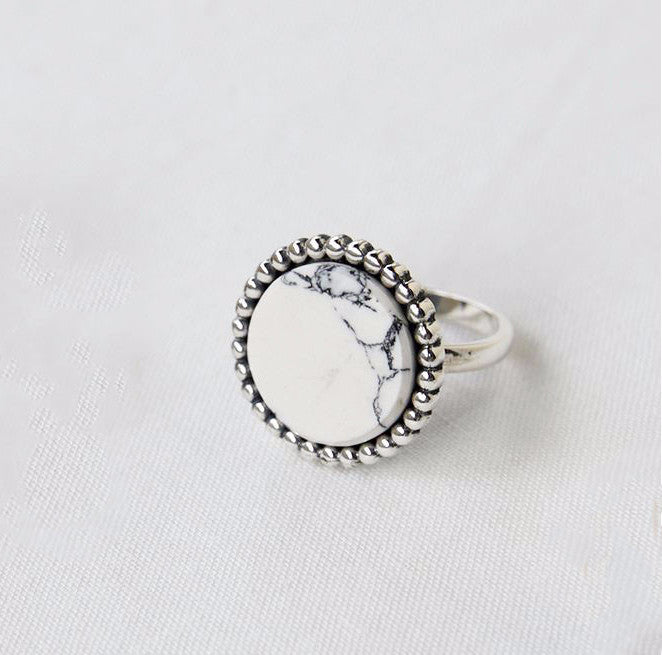 925 Sterling Silver Circle Disc Shape gemstone statement Stacking with bubble ball band Rings, Marble Stone Ring