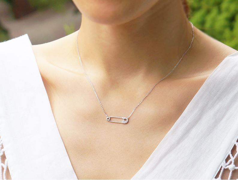 925 sterling silver Safety Pin charm necklace detailed with Cubic ziconia