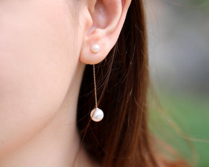 925 silver two ways Long chain pearl earrings ,Long pearl ear jacket, Long chain ear jacket