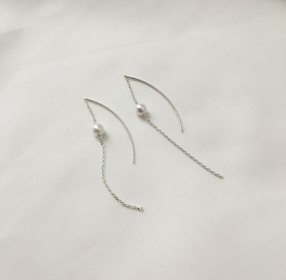 925 Sterling Silver Long Bar and pearl drop Ear Threader, Long chain pearl Drops earrings,