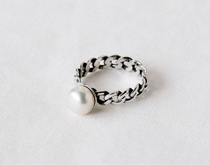 925 Sterling Silver Pearl point and Chain Band Statement ring