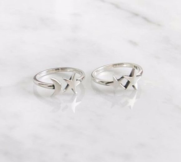 925 Sterling Silver Crescent moon and star / Stars ring